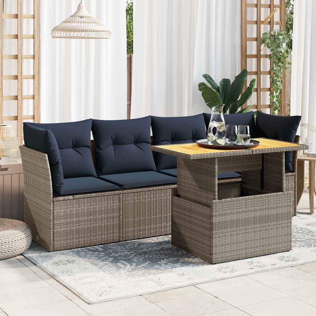 5-tlg. Garten-Sofagarnitur mit Kissen Grau Poly Rattan