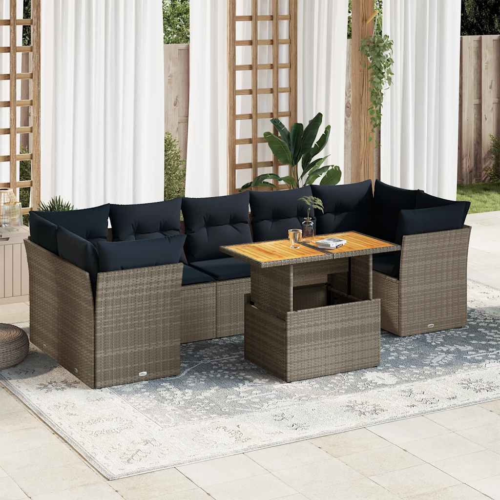 8-tlg. Garten-Sofagarnitur mit Kissen Grau Poly Rattan