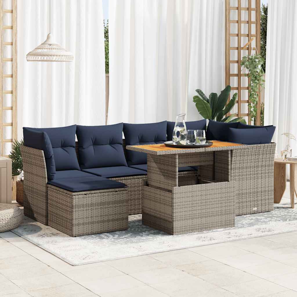 7-tlg. Garten-Sofagarnitur mit Kissen Grau Poly Rattan