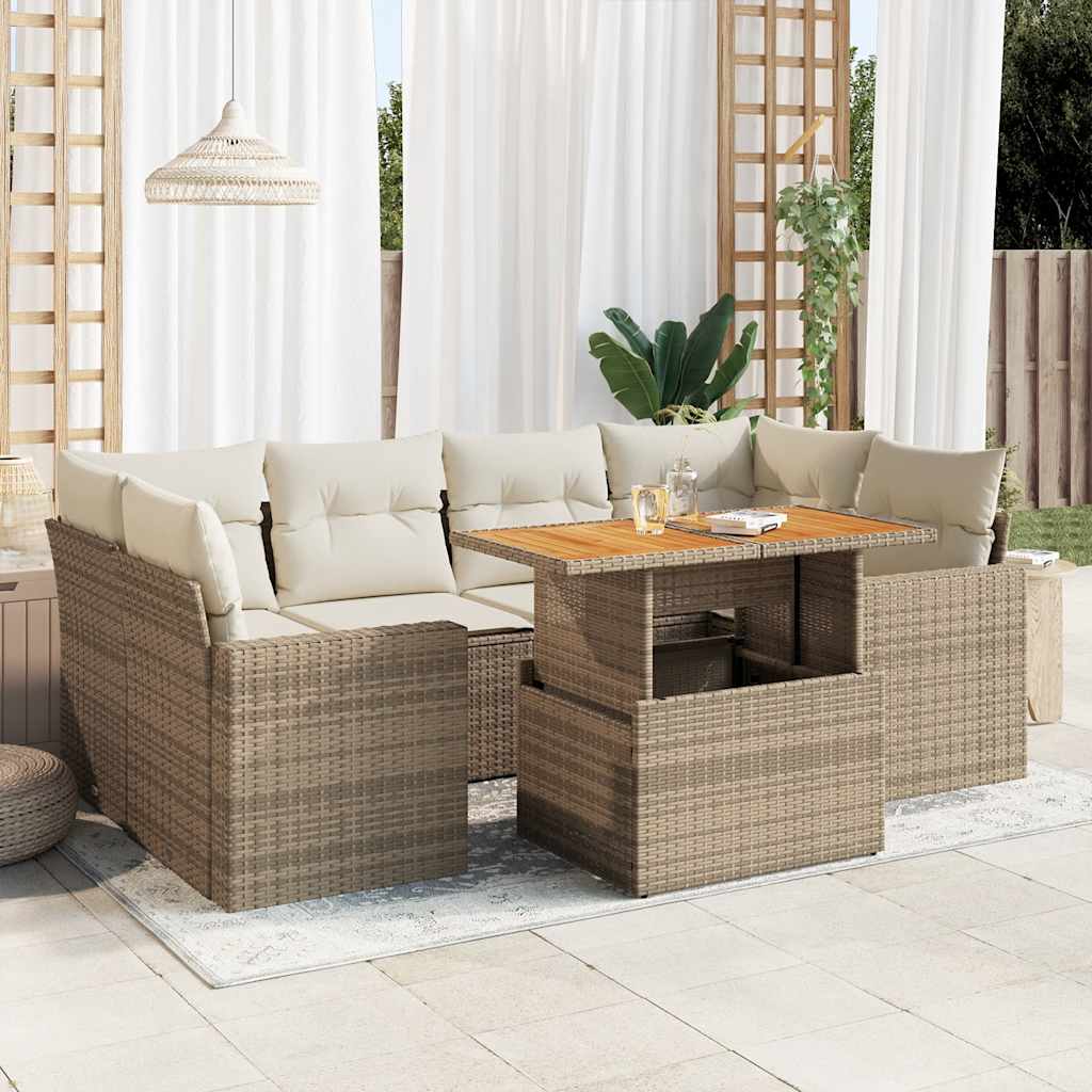 7-tlg. Garten-Sofagarnitur mit Kissen Beige Poly Rattan