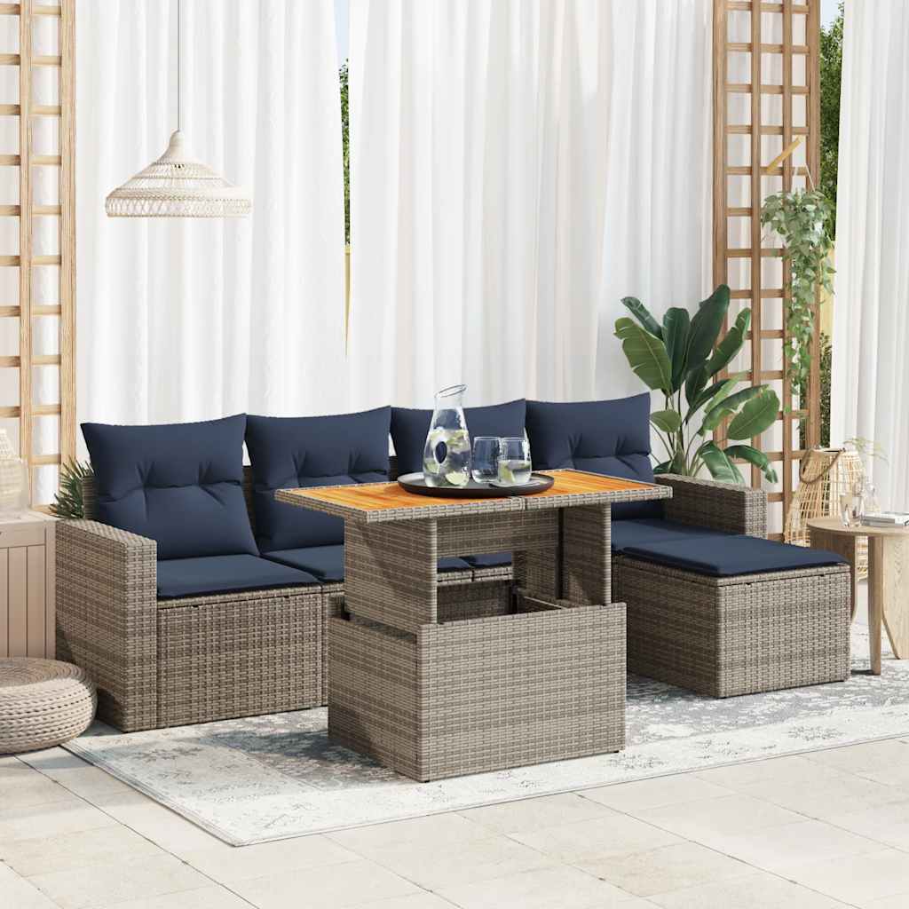 6-tlg. Garten-Sofagarnitur mit Kissen Grau Poly Rattan
