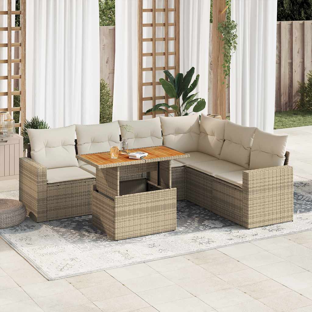 7-tlg. Garten-Sofagarnitur mit Kissen Beige Poly Rattan