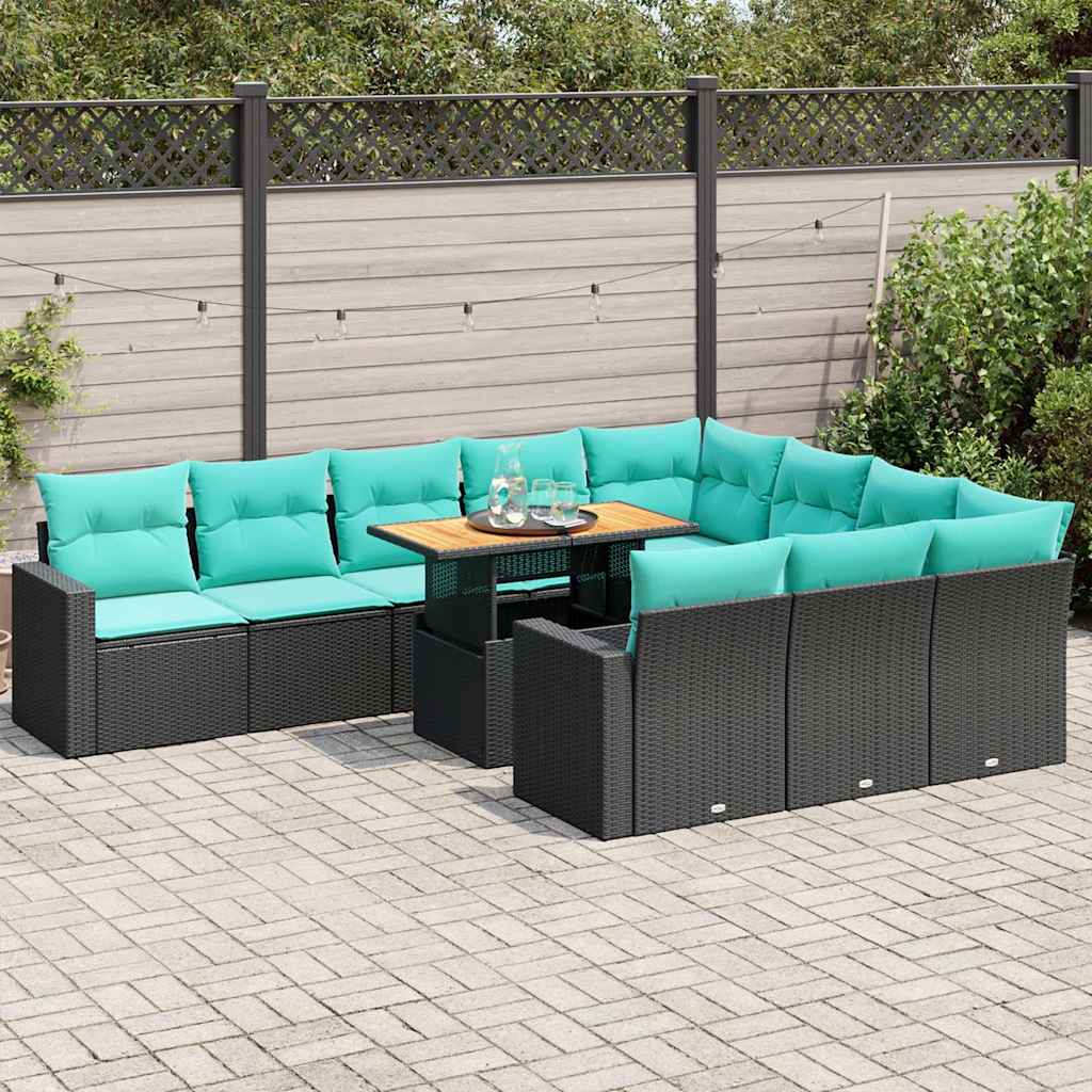 11-tlg. Garten-Sofagarnitur mit Kissen Schwarz Poly Rattan