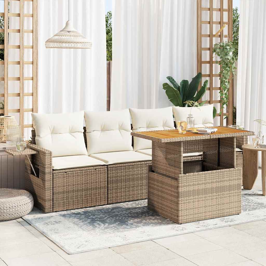 5-tlg. Garten-Sofagarnitur mit Kissen Beige Poly Rattan