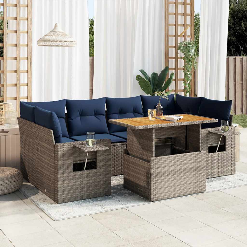 7-tlg. Garten-Sofagarnitur mit Kissen Grau Poly Rattan