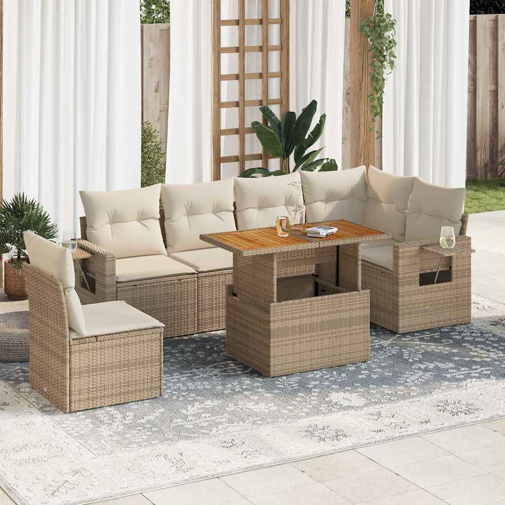7-tlg. Garten-Sofagarnitur mit Kissen Beige Poly Rattan