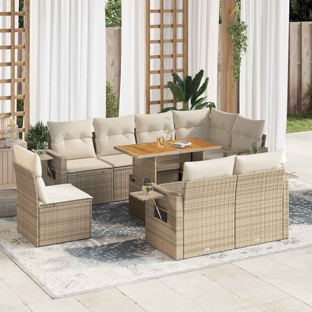 9-tlg. Garten-Sofagarnitur mit Kissen Beige Poly Rattan