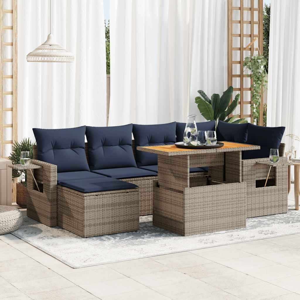 7-tlg. Garten-Sofagarnitur mit Kissen Grau Poly Rattan