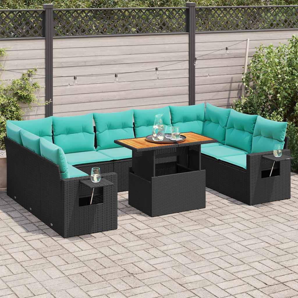 10-tlg. Garten-Sofagarnitur mit Kissen Schwarz Poly Rattan