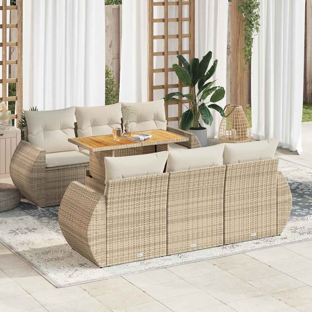 7-tlg. Garten-Sofagarnitur mit Kissen Beige Poly Rattan