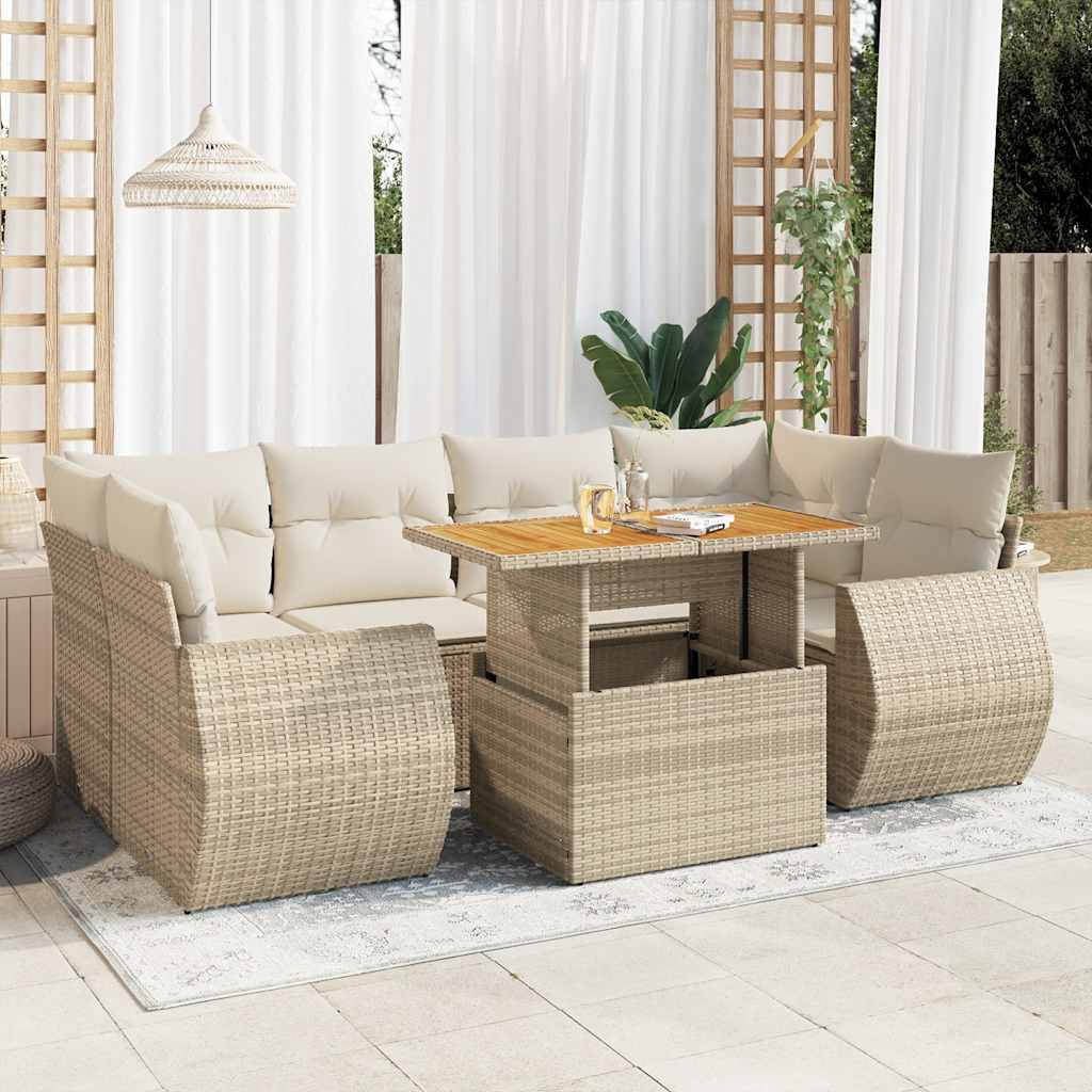 7-tlg. Garten-Sofagarnitur mit Kissen Beige Poly Rattan