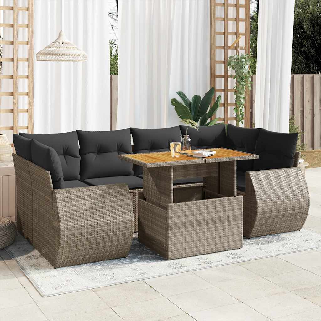 7-tlg. Garten-Sofagarnitur mit Kissen Grau Poly Rattan