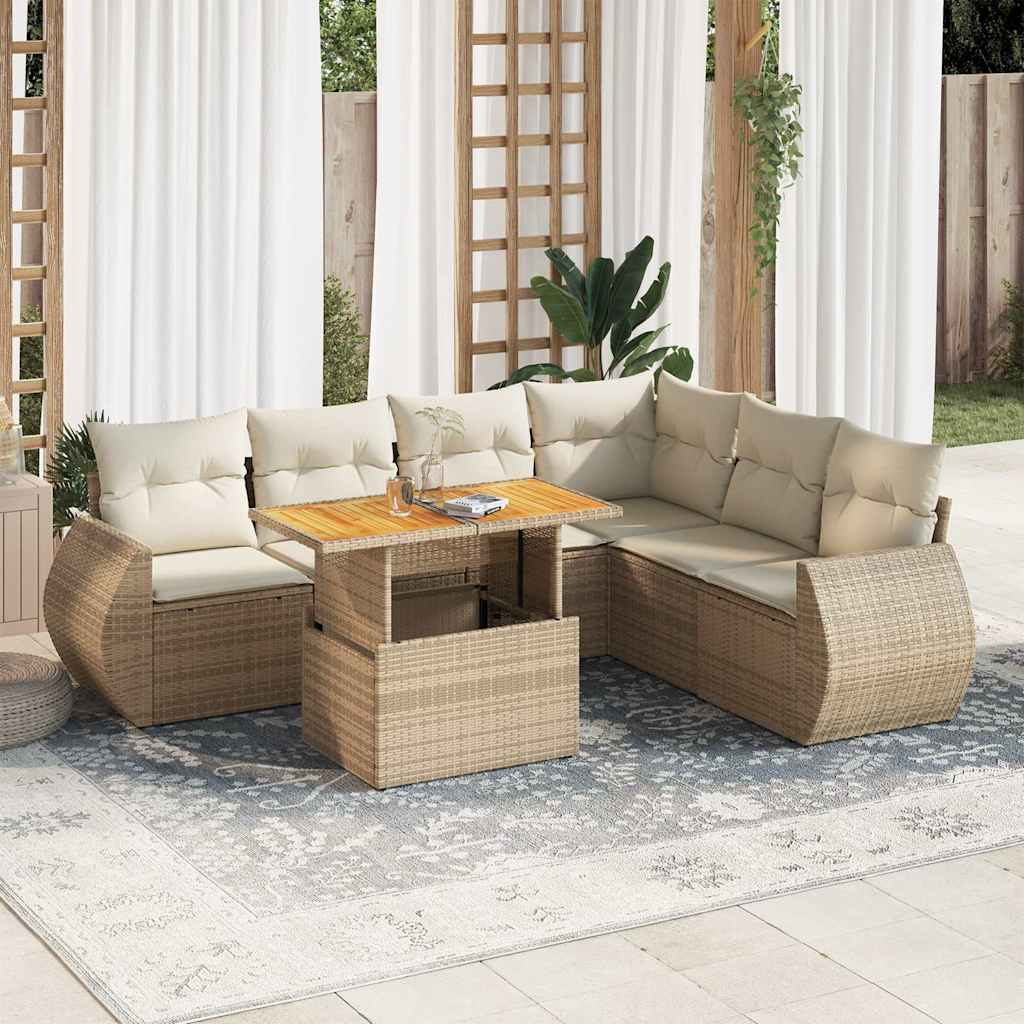 7-tlg. Garten-Sofagarnitur mit Kissen Beige Poly Rattan