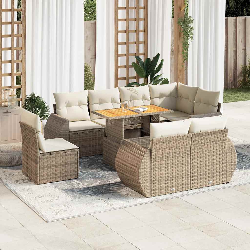 9-tlg. Garten-Sofagarnitur mit Kissen Beige Poly Rattan