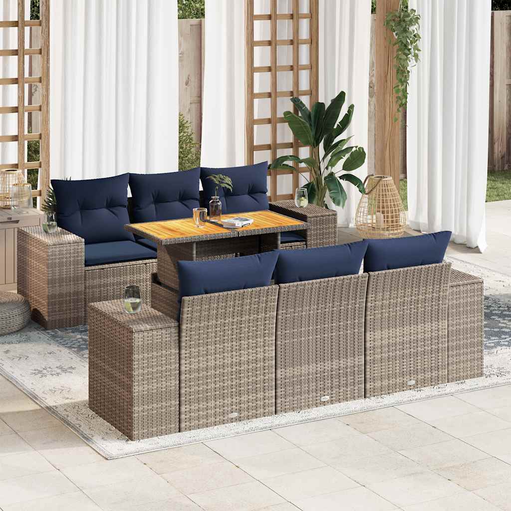7-tlg. Garten-Sofagarnitur mit Kissen Grau Poly Rattan