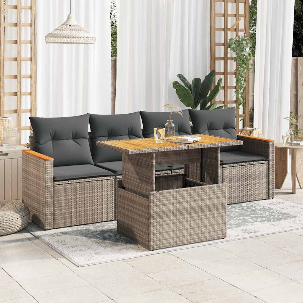 5-tlg. Garten-Sofagarnitur mit Kissen Grau Poly Rattan Akazie