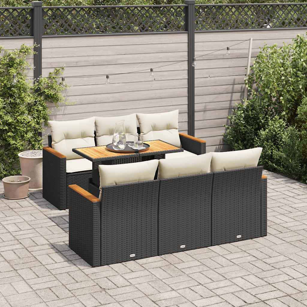7-tlg. Garten-Sofagarnitur mit Kissen Schwarz Poly Rattan