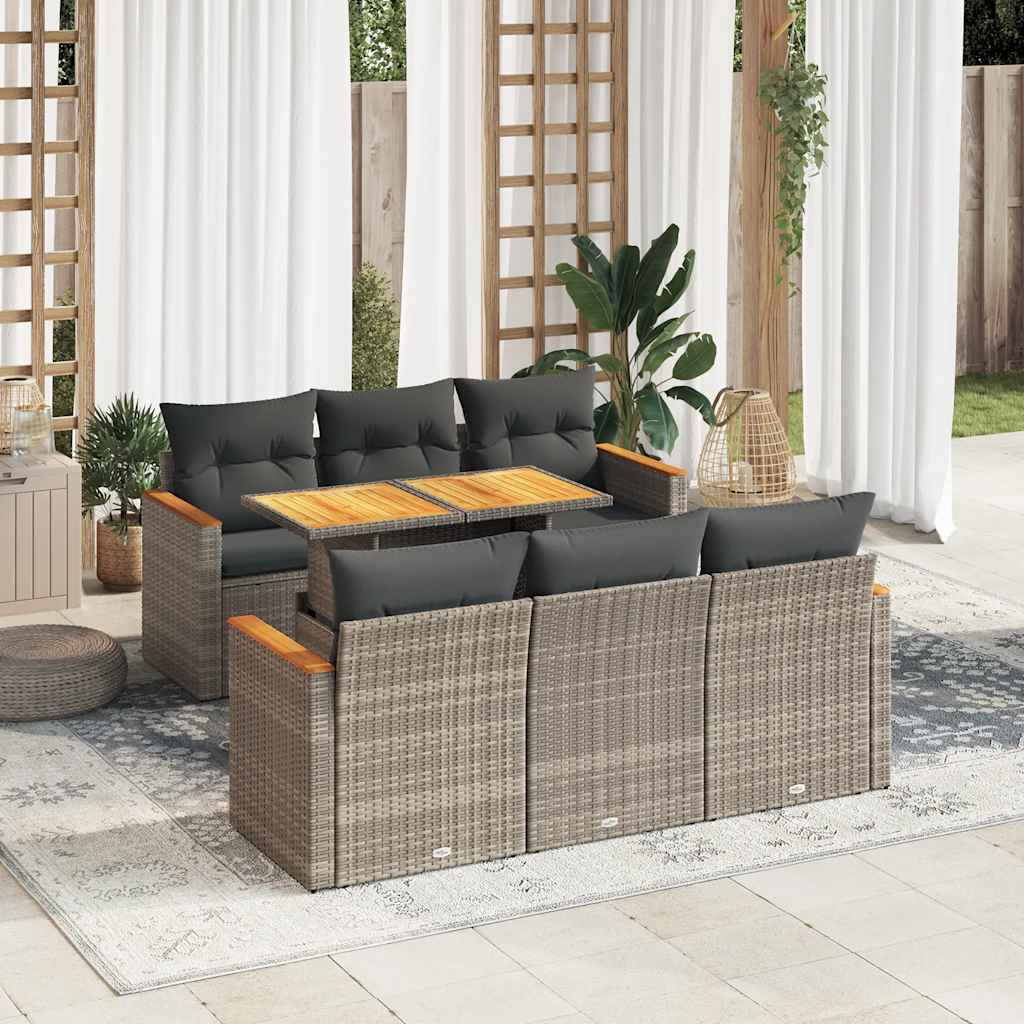 7-tlg. Garten-Sofagarnitur mit Kissen Grau Poly Rattan Akazie