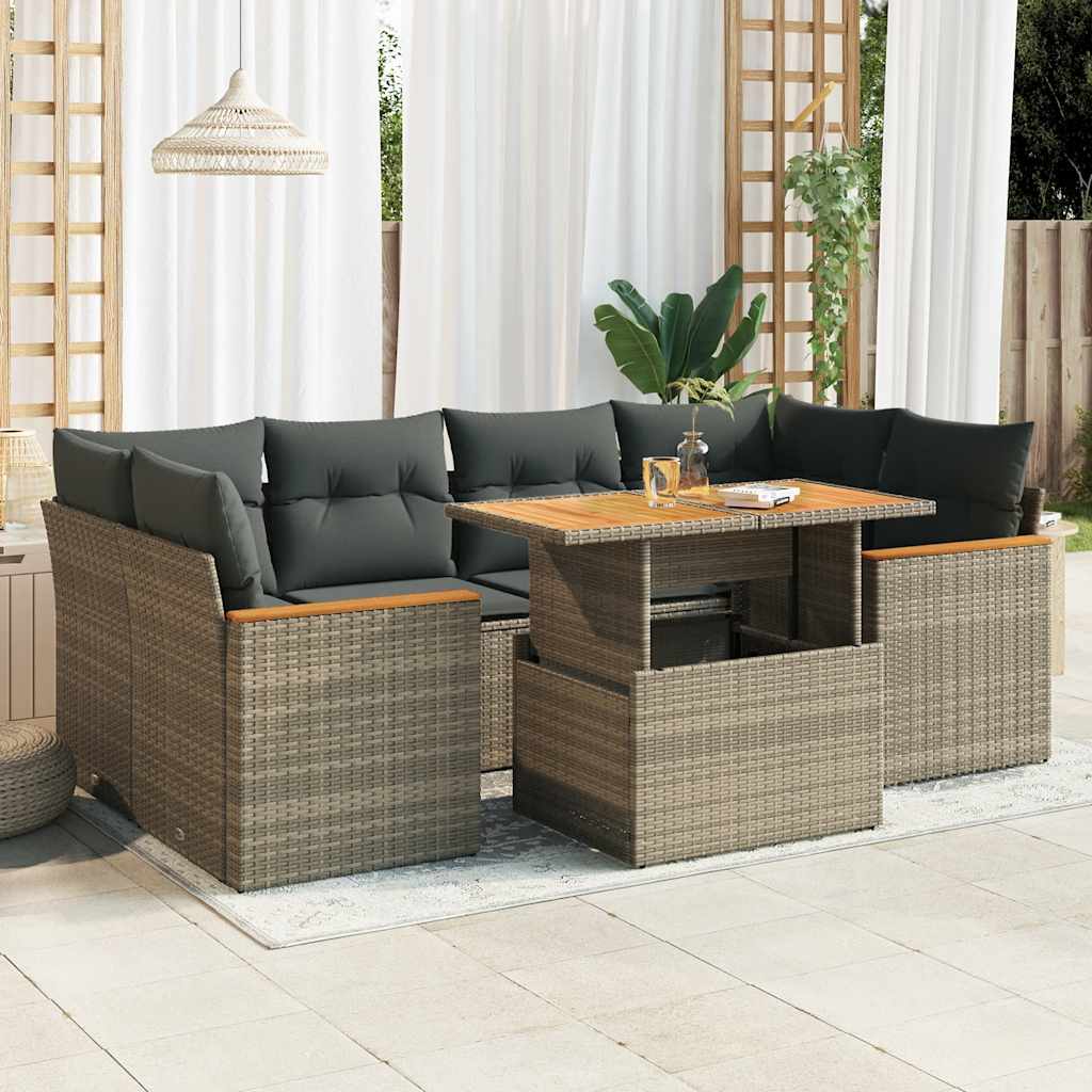 6-tlg. Garten-Sofagarnitur mit Kissen Grau Poly Rattan Akazie