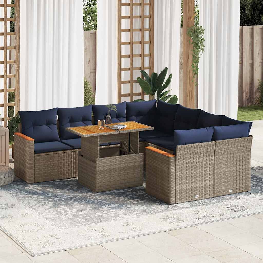 9-tlg. Garten-Sofagarnitur mit Kissen Grau Poly Rattan