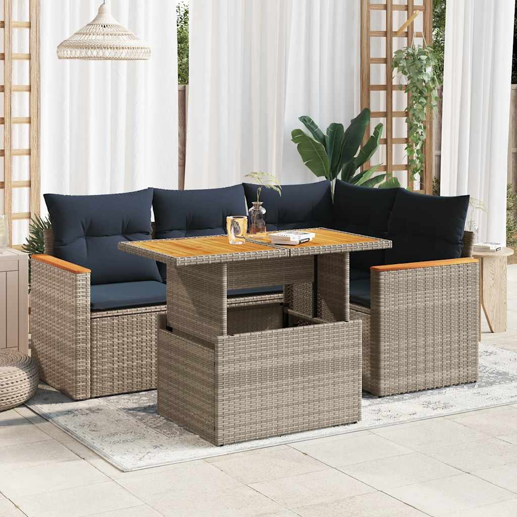 5-tlg. Garten-Sofagarnitur mit Kissen Grau Poly Rattan