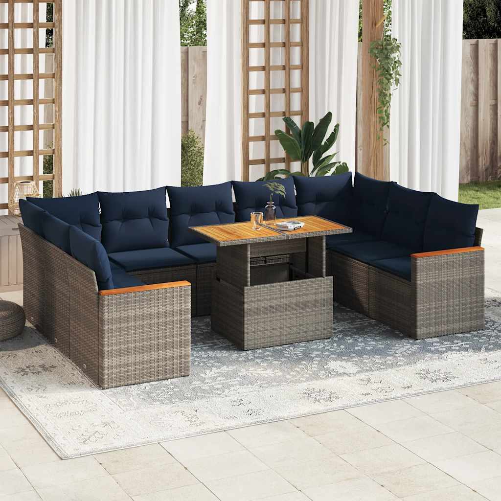 10-tlg. Garten-Sofagarnitur mit Kissen Grau Poly Rattan