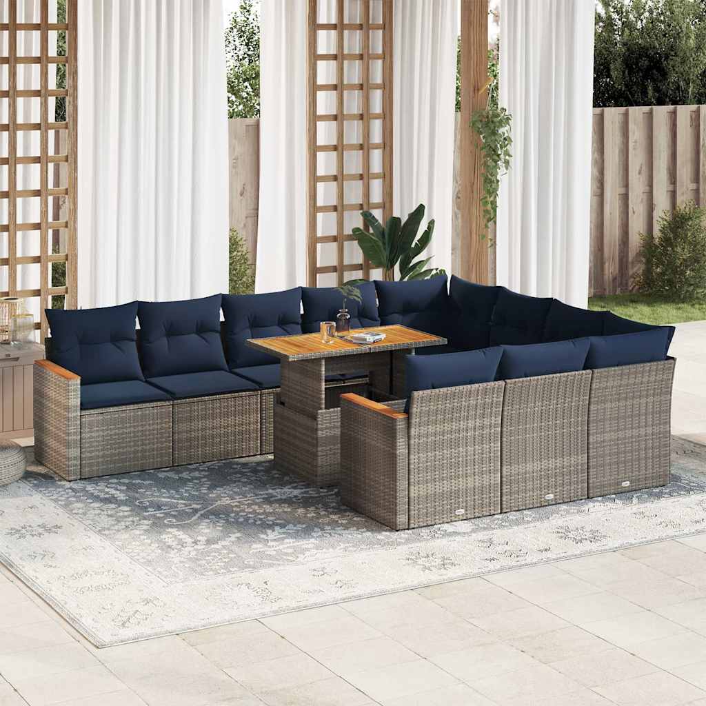 11-tlg. Garten-Sofagarnitur mit Kissen Grau Poly Rattan