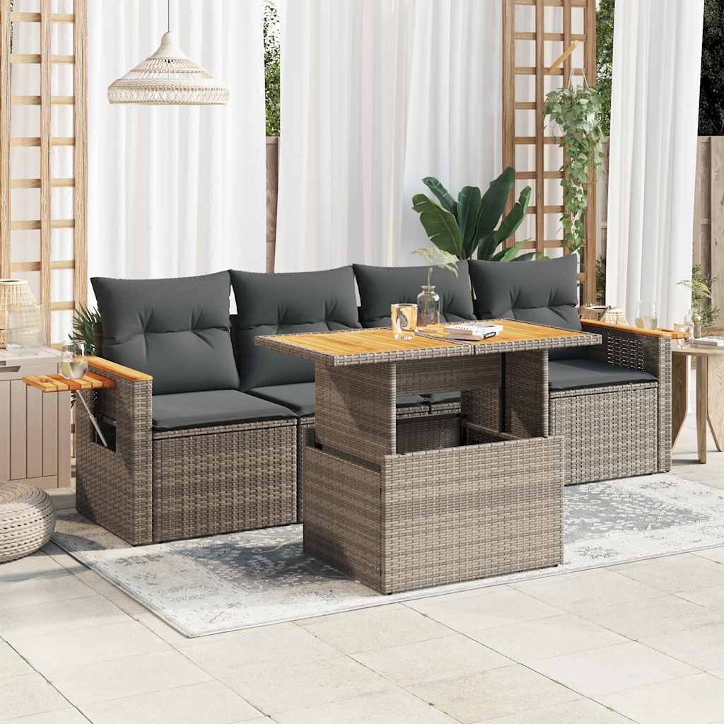 5-tlg. Garten-Sofagarnitur mit Kissen Grau Poly Rattan Akazie