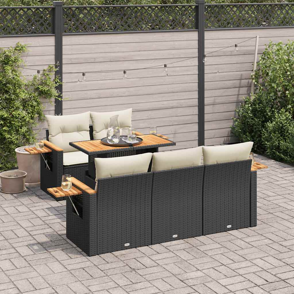 6-tlg. Garten-Sofagarnitur mit Kissen Schwarz Poly Rattan