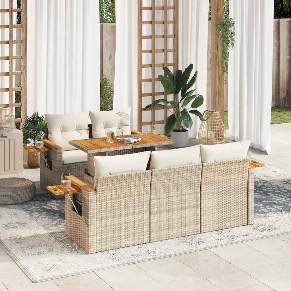 6-tlg. Garten-Sofagarnitur mit Kissen Beige Poly Rattan Akazie