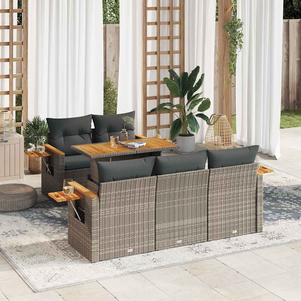 6-tlg. Garten-Sofagarnitur mit Kissen Grau Poly Rattan Akazie