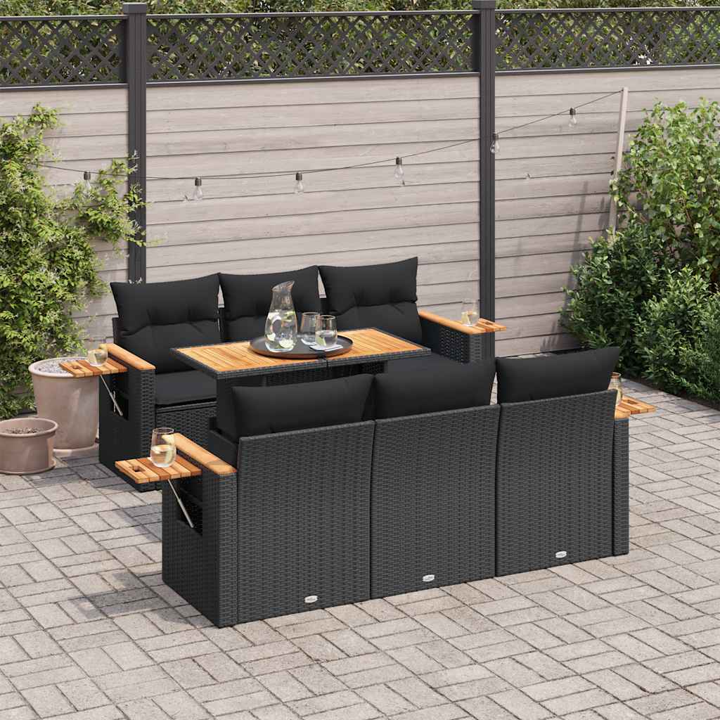 7-tlg. Garten-Sofagarnitur mit Kissen Schwarz Poly Rattan