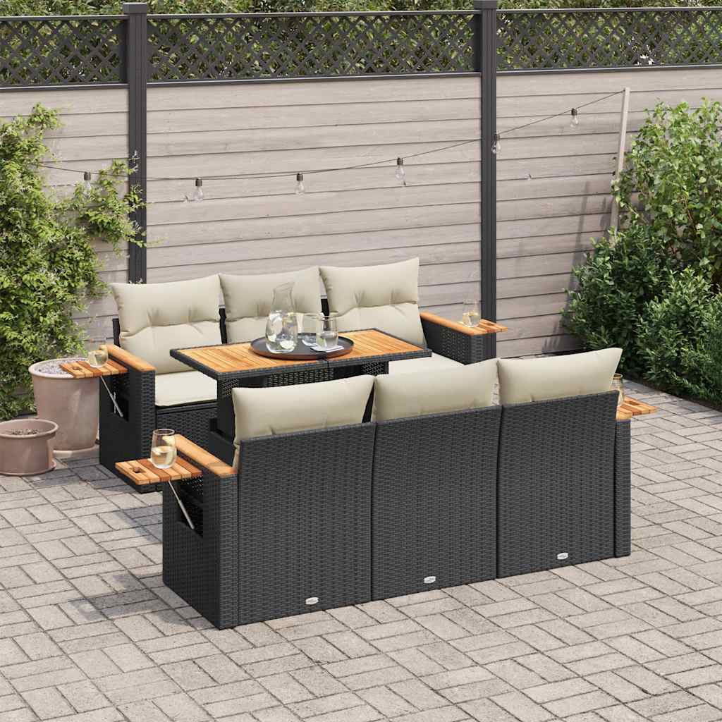 7-tlg. Garten-Sofagarnitur mit Kissen Schwarz Poly Rattan