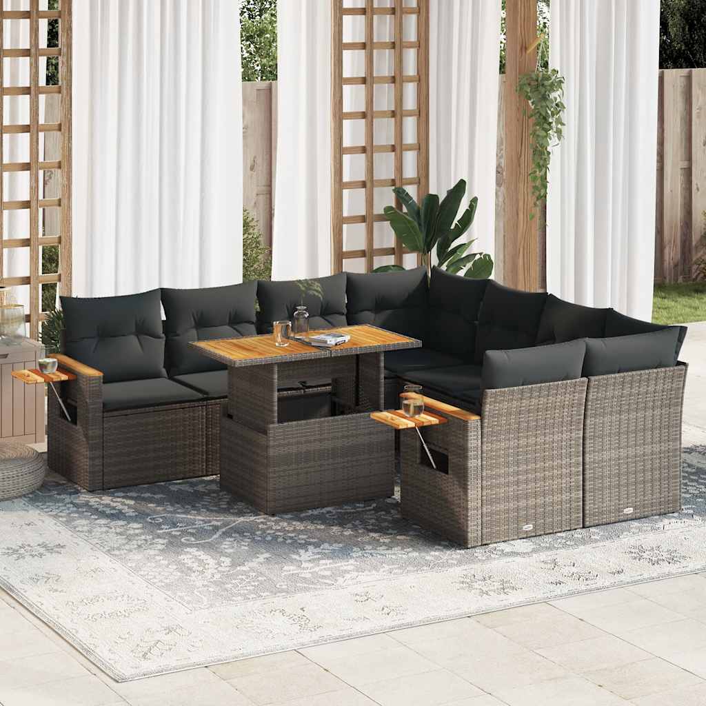 9-tlg. Garten-Sofagarnitur mit Kissen Grau Poly Rattan Akazie