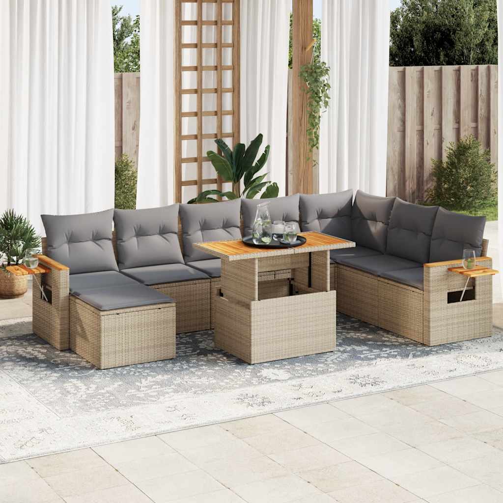 9-tlg. Garten-Sofagarnitur mit Kissen Beige Poly Rattan Akazie