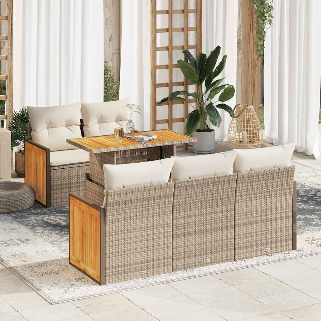 6-tlg. Garten-Sofagarnitur mit Kissen Beige Poly Rattan Akazie