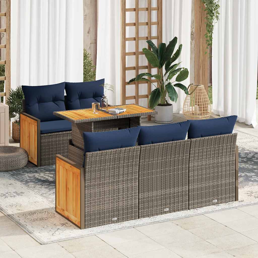 6-tlg. Garten-Sofagarnitur mit Kissen Grau Poly Rattan Akazie