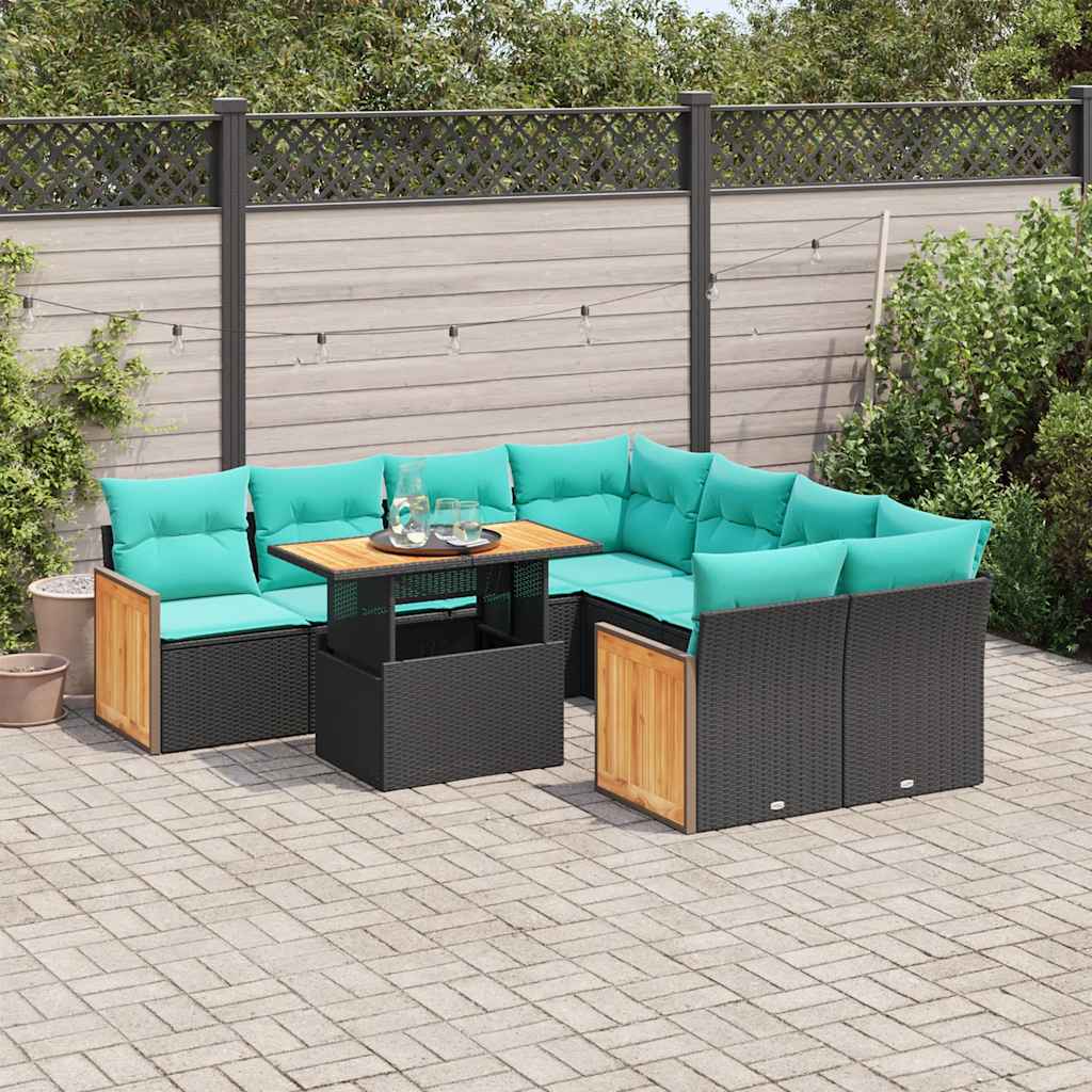 9-tlg. Garten-Sofagarnitur mit Kissen Schwarz Poly Rattan