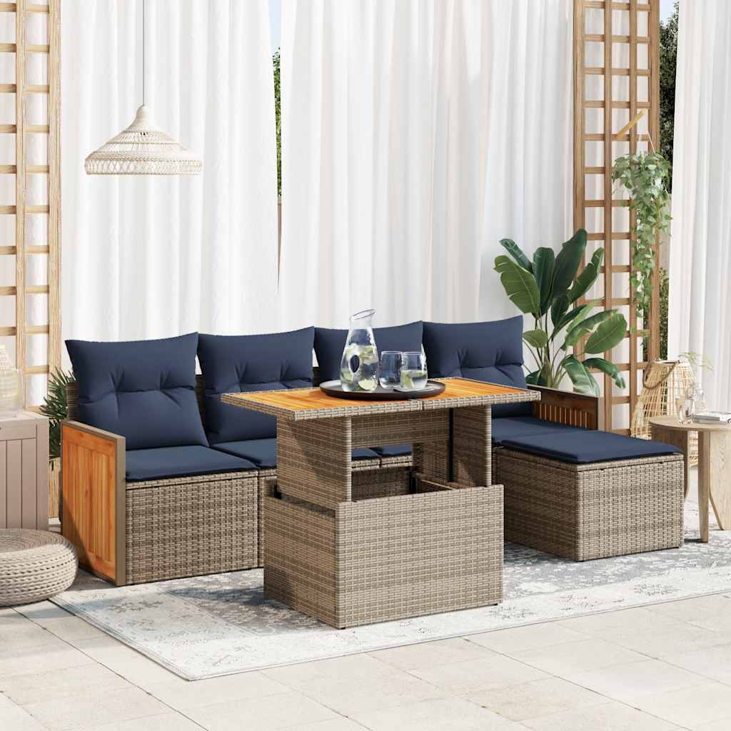 6-tlg. Garten-Sofagarnitur mit Kissen Grau Poly Rattan Akazie