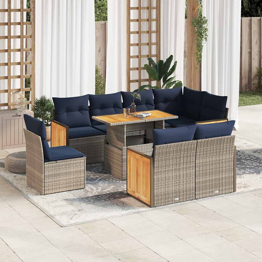 9-tlg. Garten-Sofagarnitur mit Kissen Grau Poly Rattan Akazie