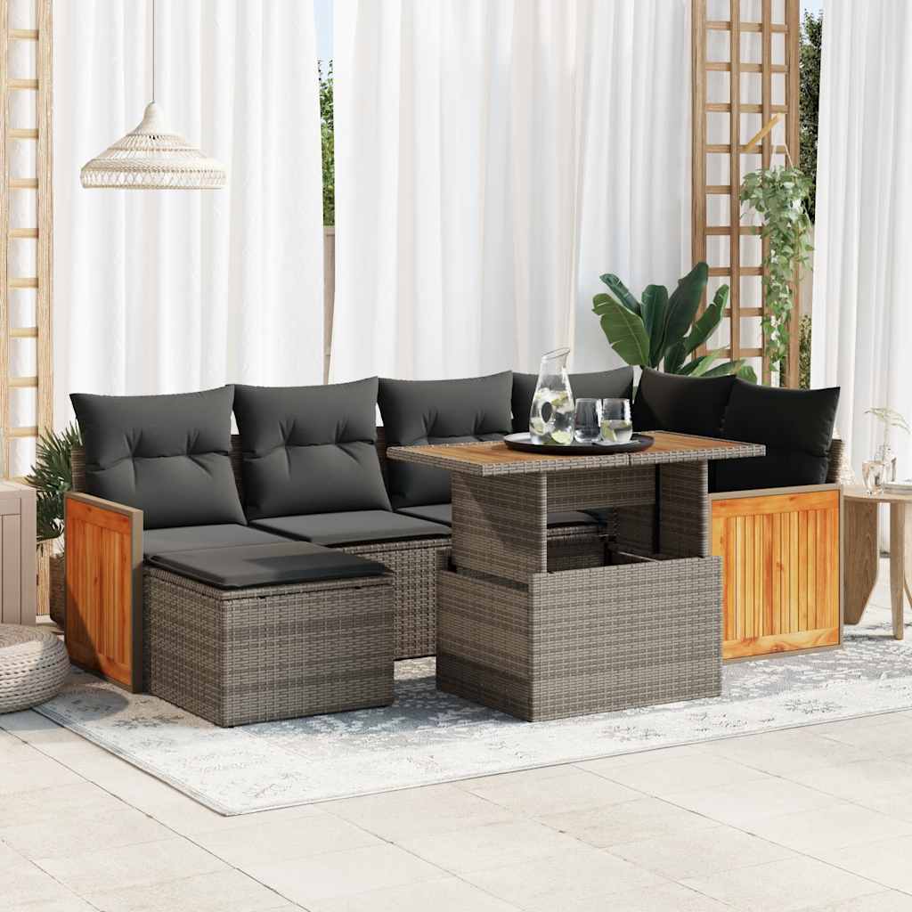 7-tlg. Garten-Sofagarnitur mit Kissen Grau Poly Rattan Akazie