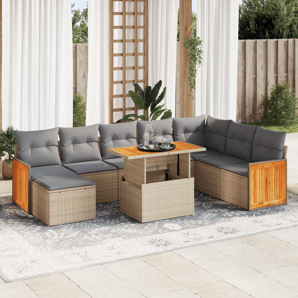 9-tlg. Garten-Sofagarnitur mit Kissen Beige Poly Rattan Akazie