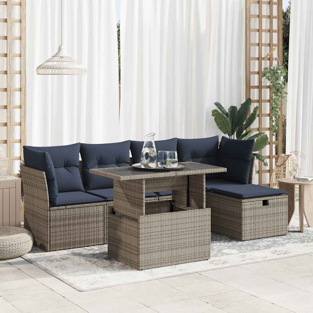 6-tlg. Garten-Sofagarnitur mit Kissen Grau Poly Rattan Akazie