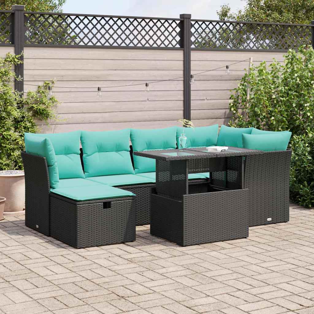 7-tlg. Garten-Sofagarnitur mit Kissen Schwarz Poly Rattan