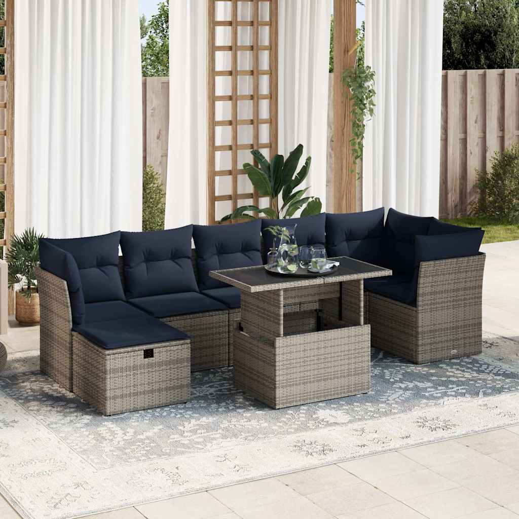 8-tlg. Garten-Sofagarnitur mit Kissen Grau Poly Rattan Akazie
