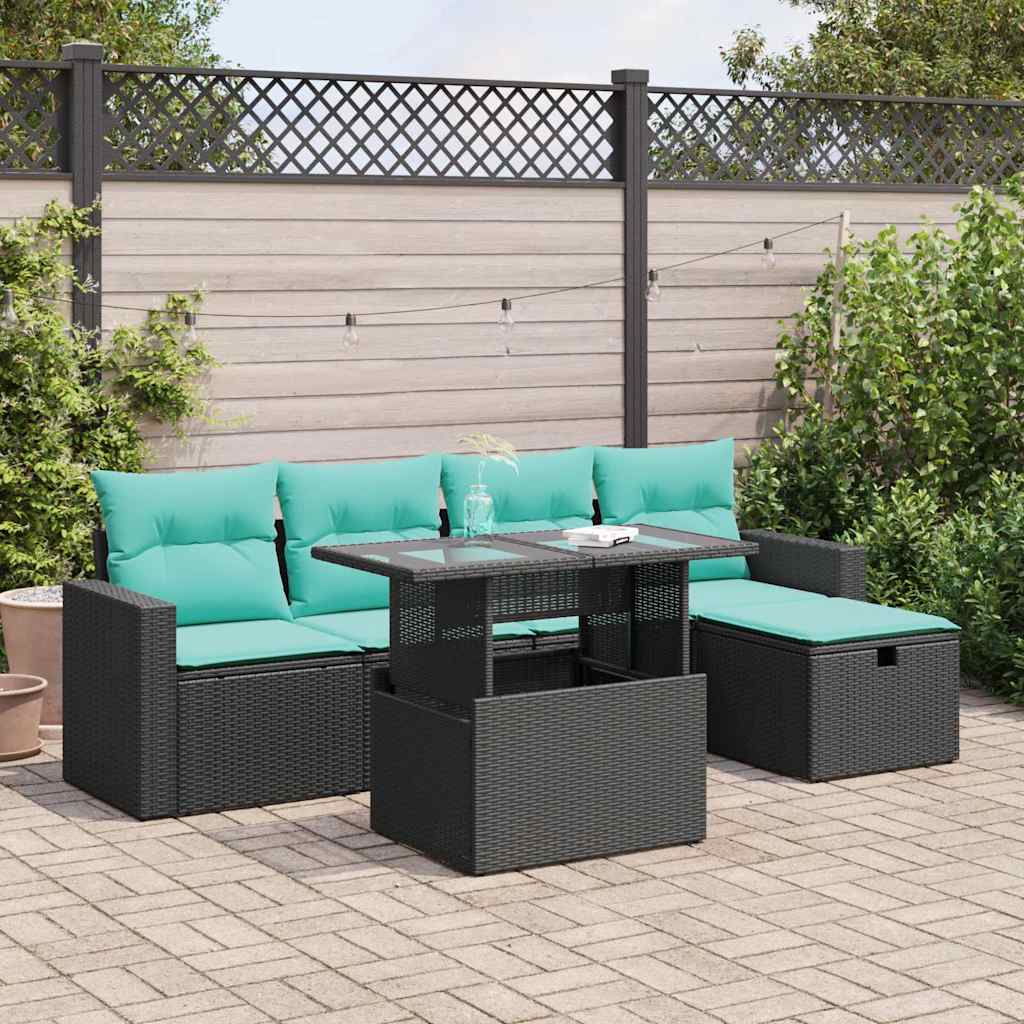 6-tlg. Garten-Sofagarnitur mit Kissen Grau Poly Rattan Akazie