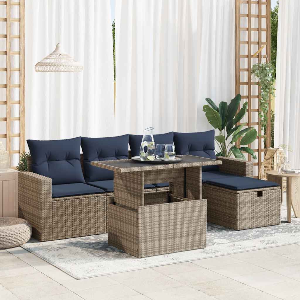 6-tlg. Garten-Sofagarnitur mit Kissen Grau Poly Rattan