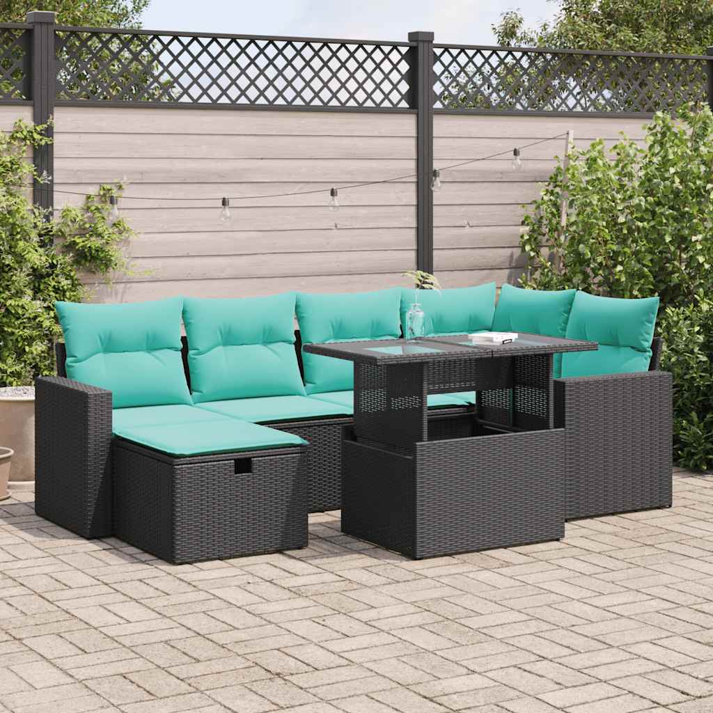 7-tlg. Garten-Sofagarnitur mit Kissen Grau Poly Rattan Akazie