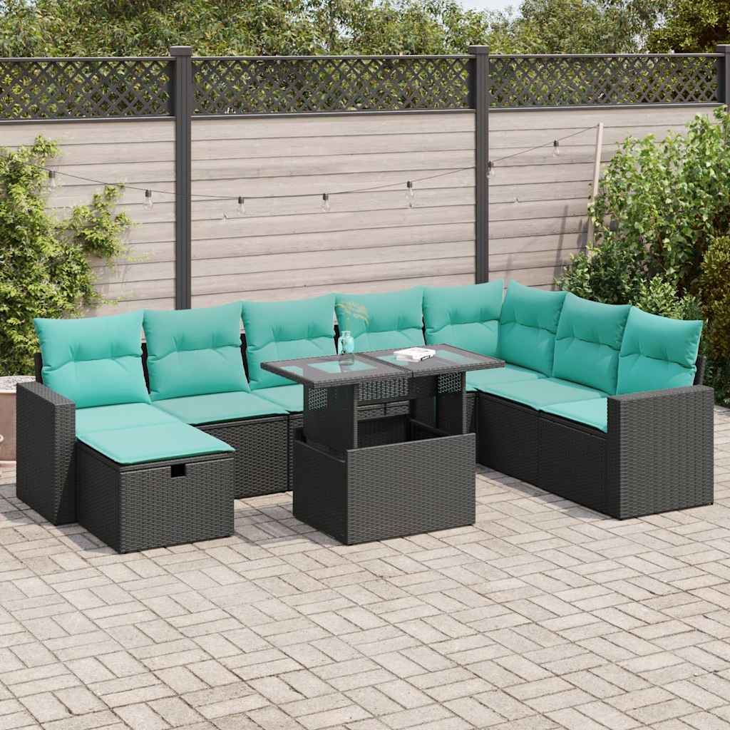 9-tlg. Garten-Sofagarnitur mit Kissen Grau Poly Rattan Akazie