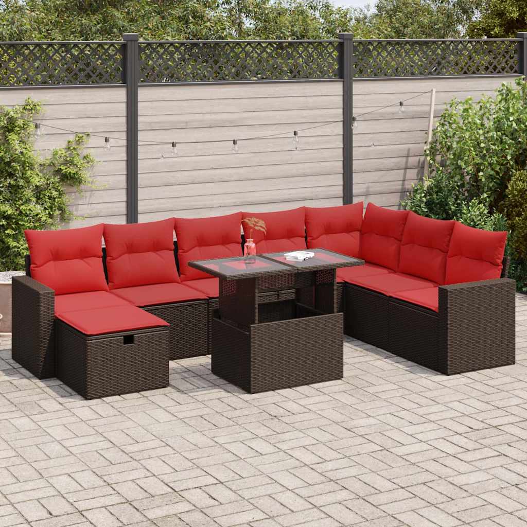 9-tlg. Garten-Sofagarnitur mit Kissen Braun Poly Rattan
